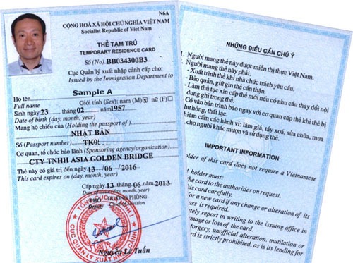 a sample of Vietnam-Temporary-residence card