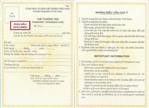 A specimen of Vietnam Permanent Residence Card