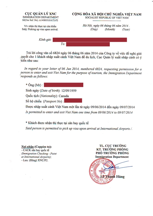 Vietnam private visa approval letter